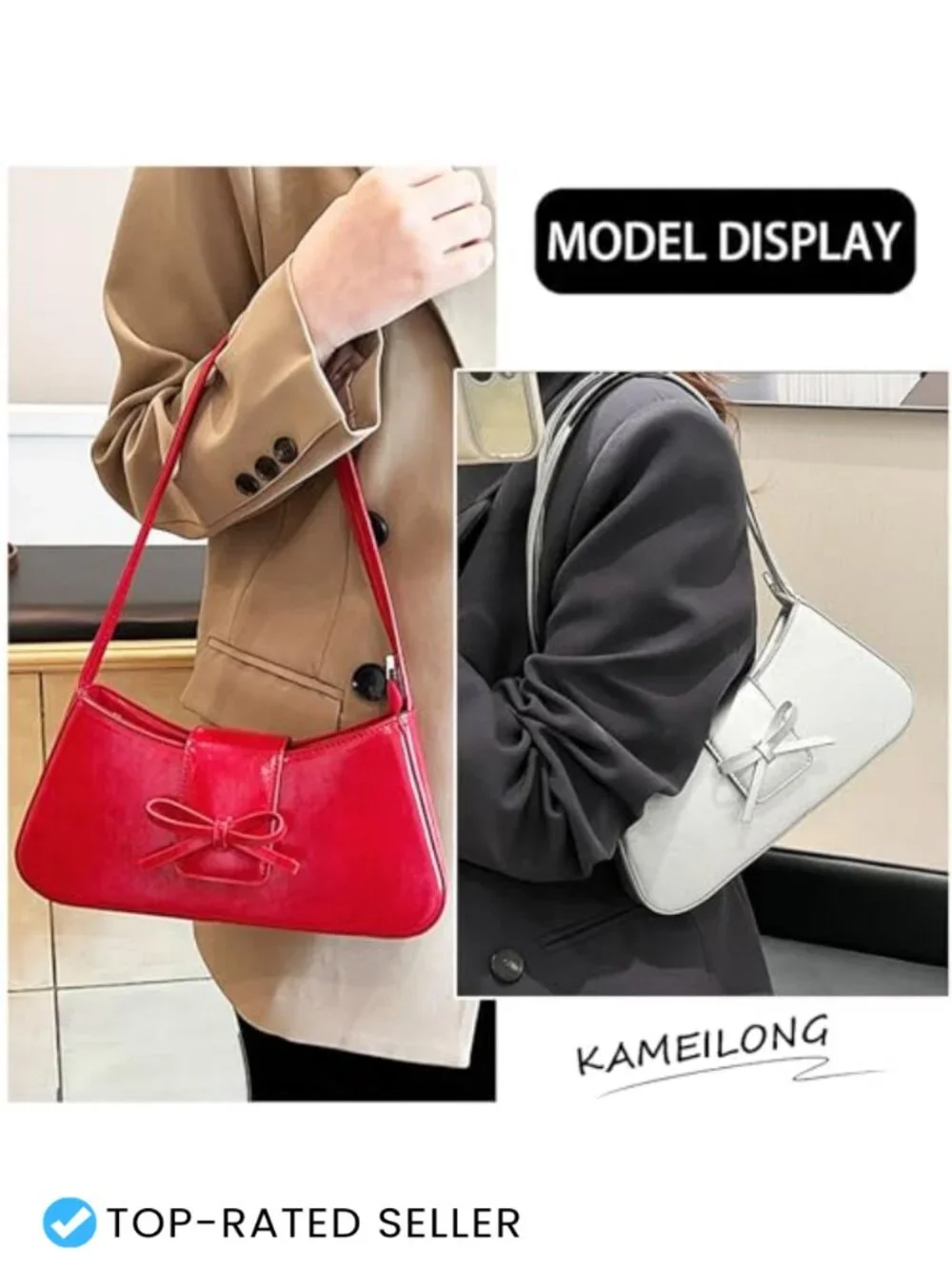 Patent Leather Hobo Shoulder Bag Zipper Closure Cute Bow Purse for Everyday